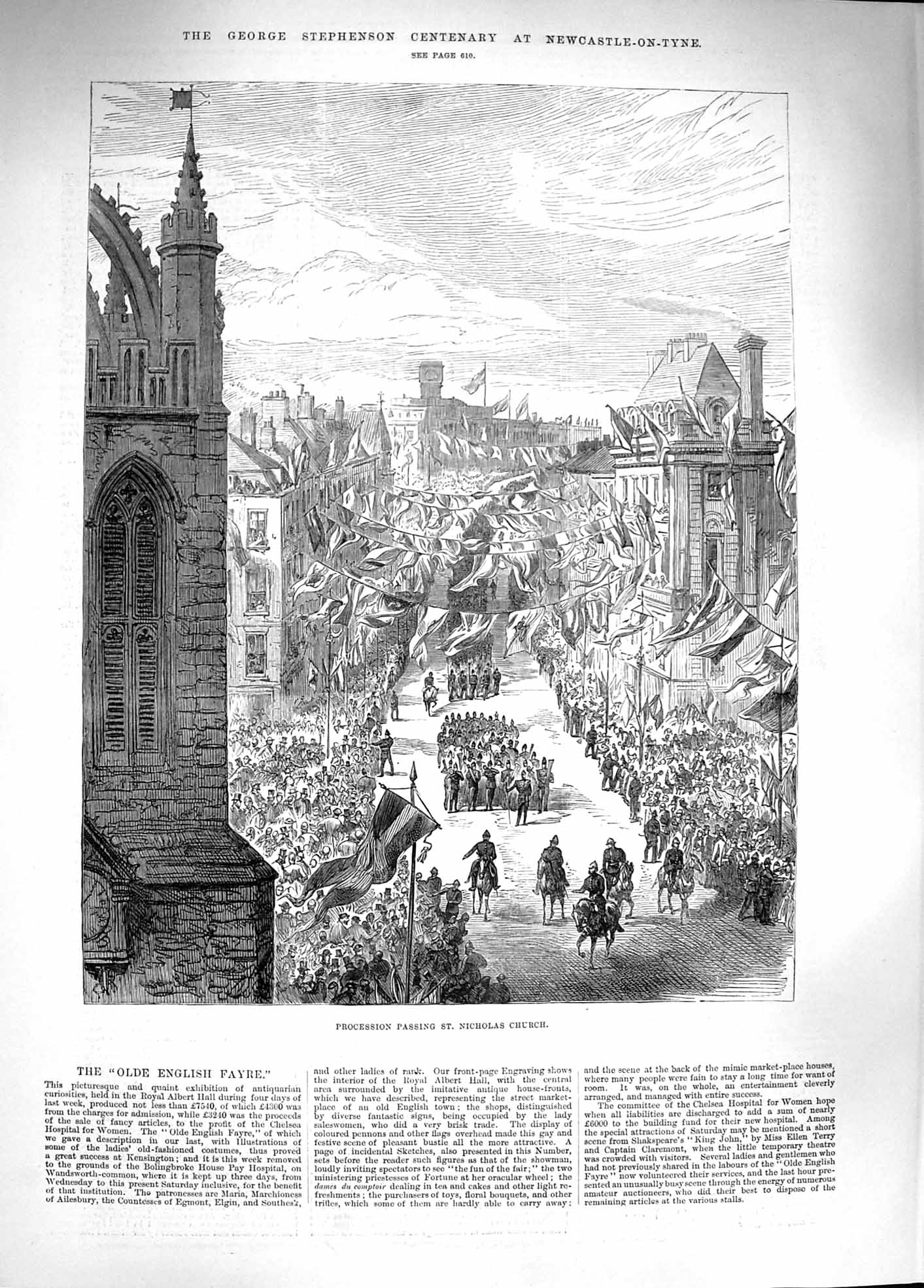Original Old Antique Print 1881 George Stephenson Nicholas Church Leazes Park