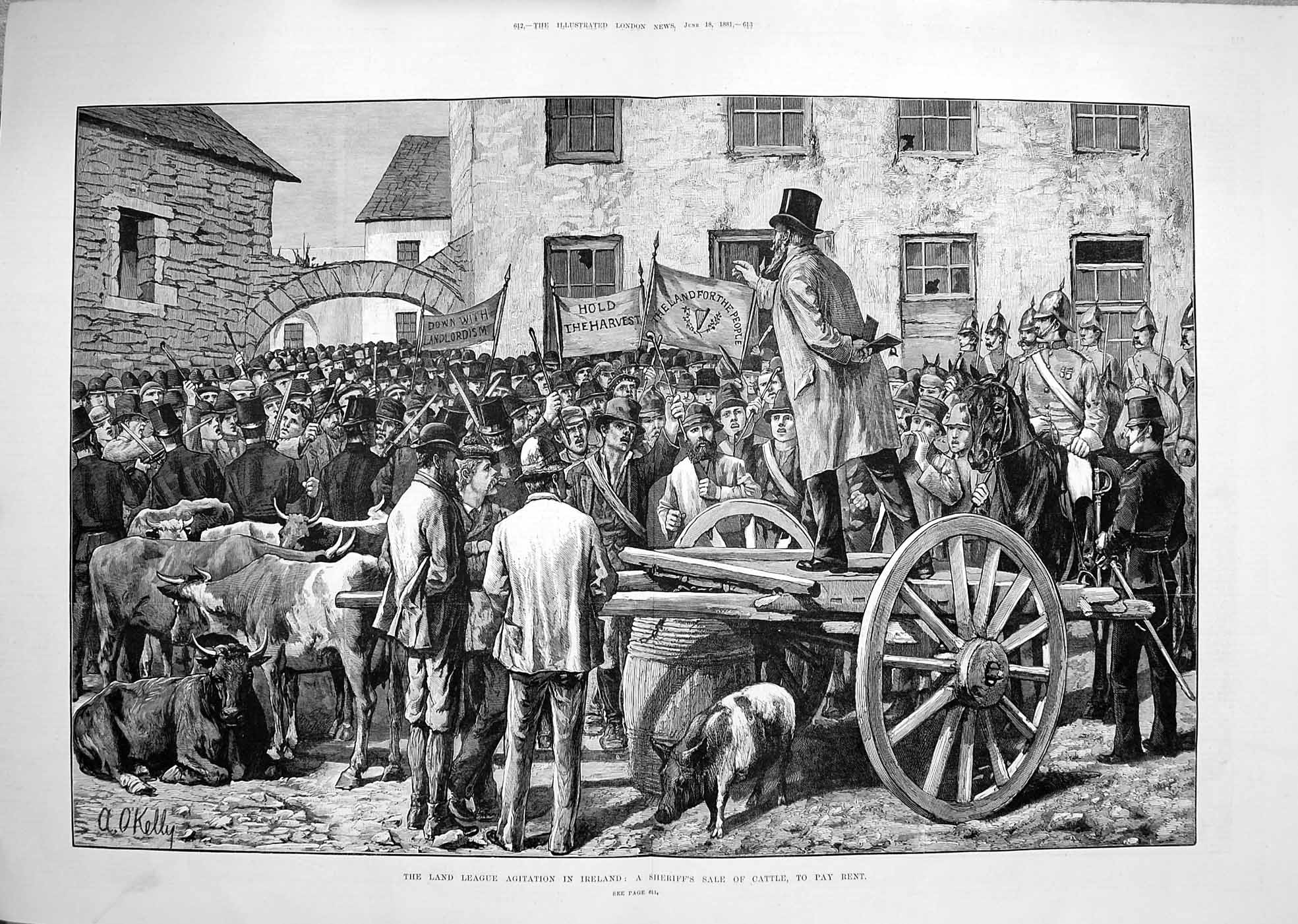Antique Print *3352 1881 Land League Agitation Ireland Sheriff Cattle Sale