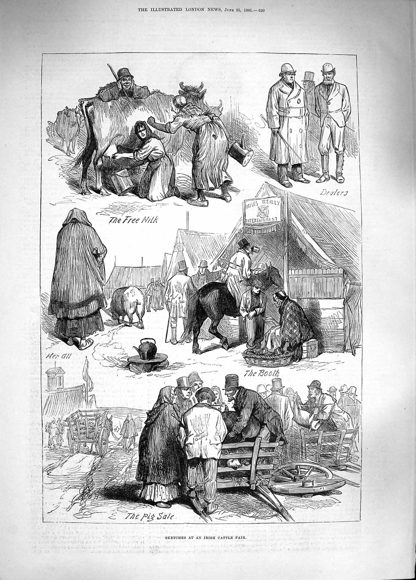 Original Old Antique Print 1881 Ireland Cattle Fair Milk Dealers Pig Sale 19th