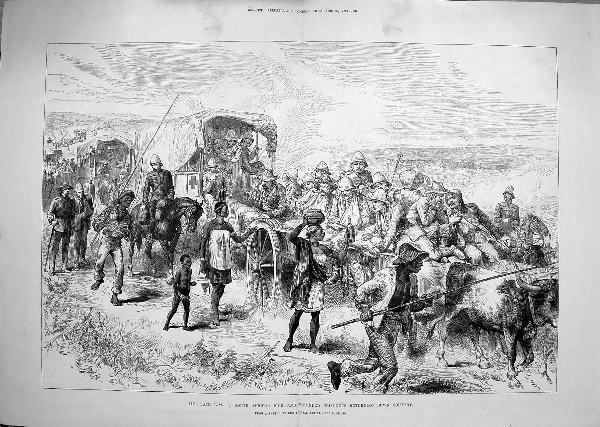 Old Antique Print 1881 War South Africa Sick Wounded Prisoners Ambulance 19th
