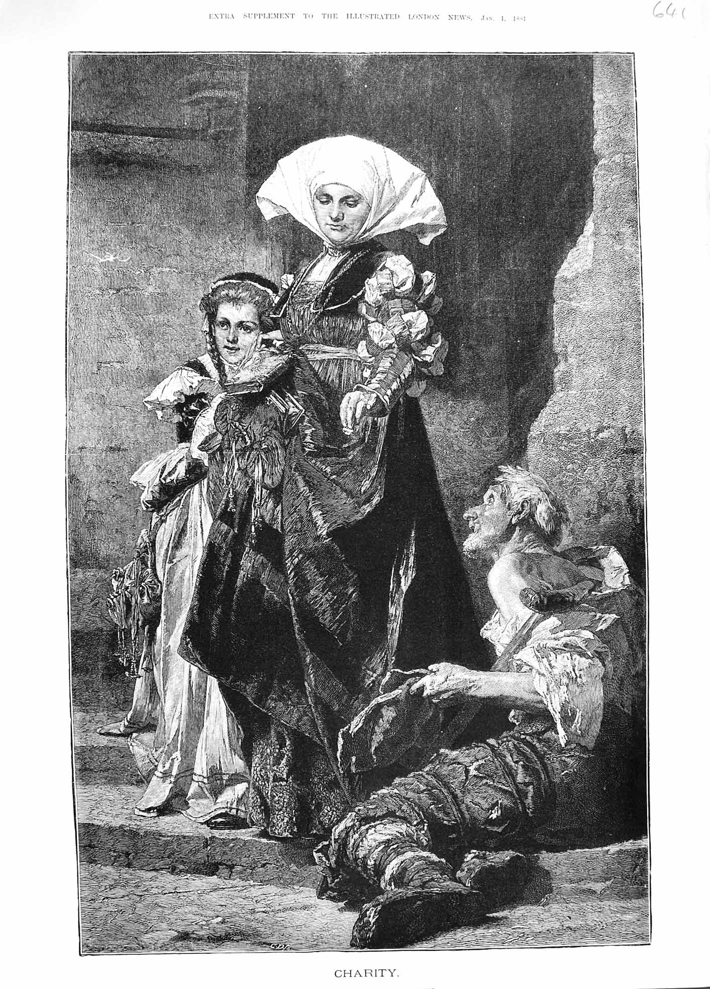 Original Old Antique Print 1881 Charity Poor Beggar Man Rich Lady Young Girl