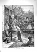 Original Old Antique Print 1881 Piping Times Peace Music Man Children Dog Bird