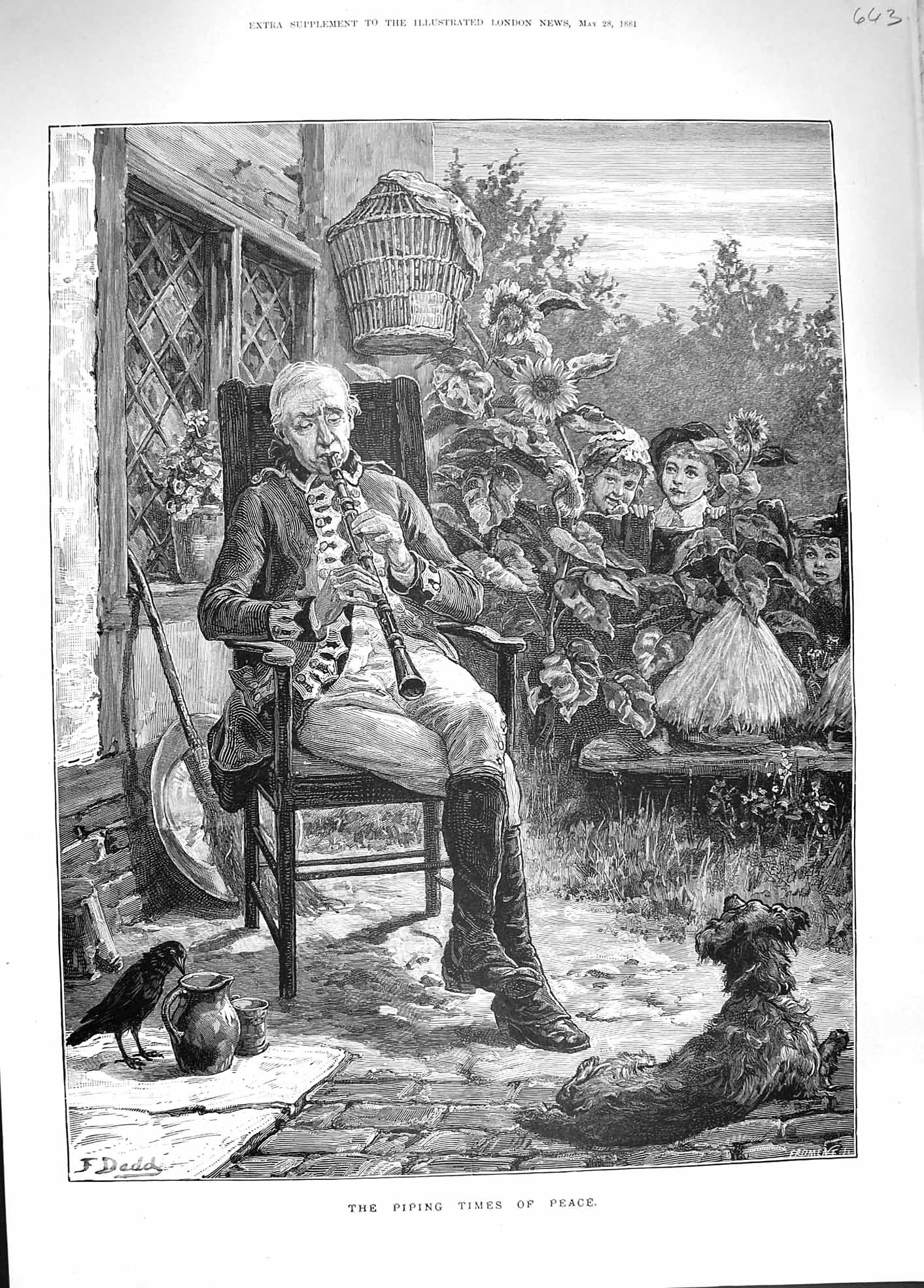 Original Old Antique Print 1881 Piping Times Peace Music Man Children Dog Bird