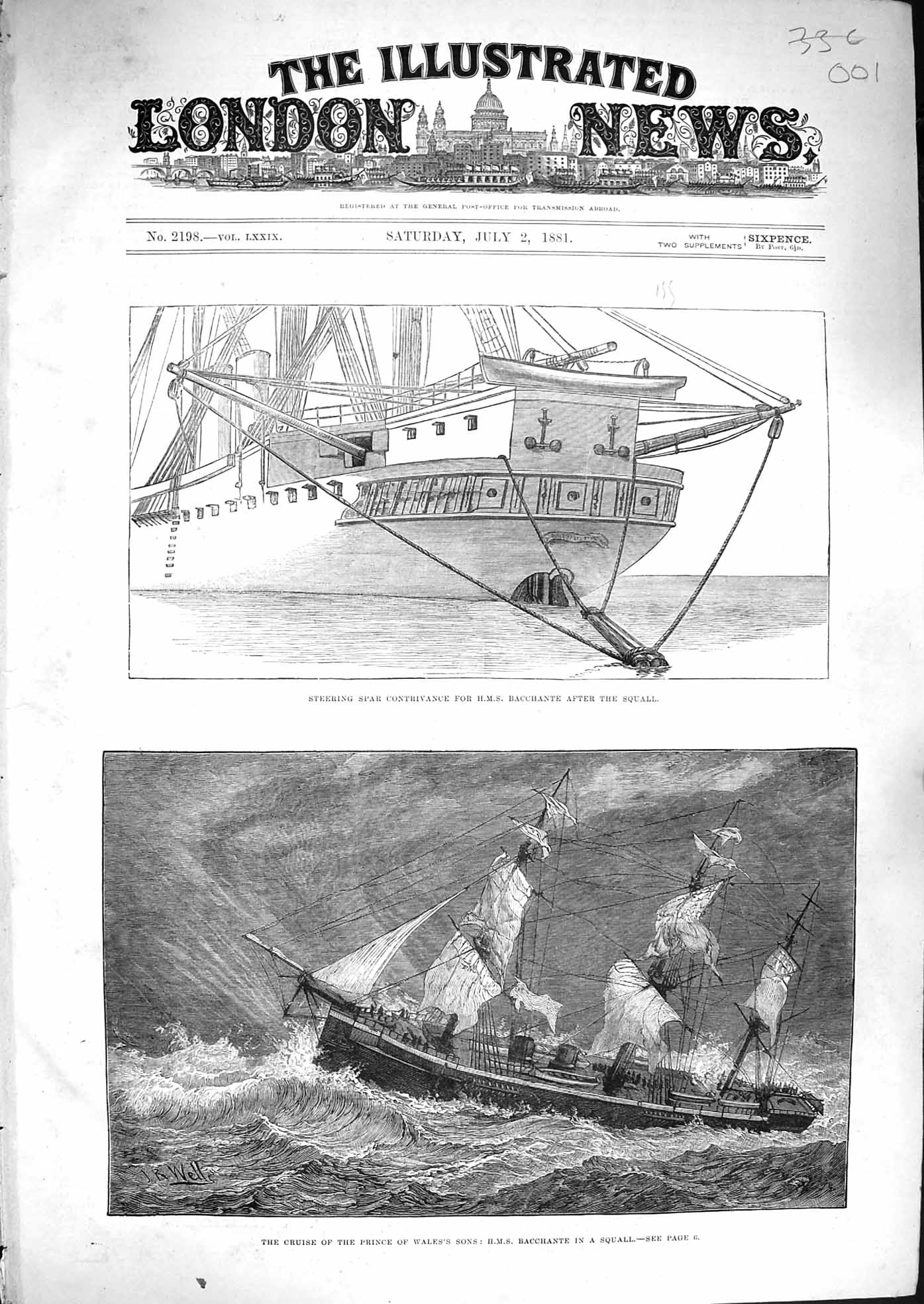 Original Old Antique Print 1881 Steering Spar Ship Bacchante Prince Wales Sons