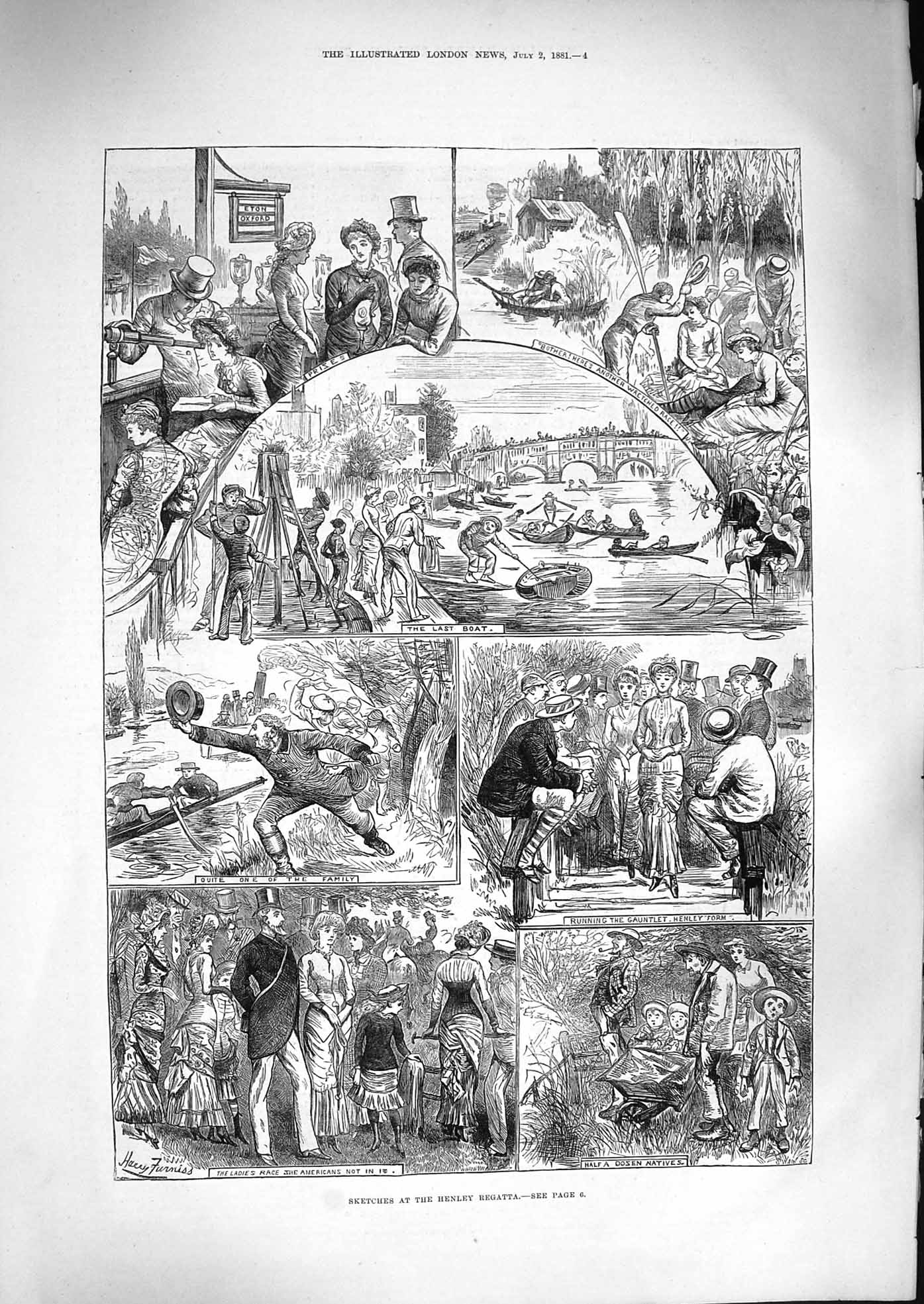 Original Old Antique Print 1881 Henley Regatta River Boats Americans Sport 19th