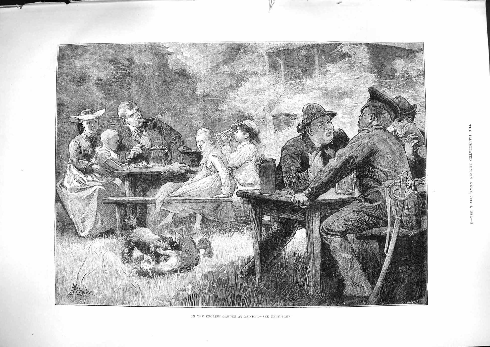 Original Old Antique Print 1881 English Garden Munich Picnic Bench Fine Art