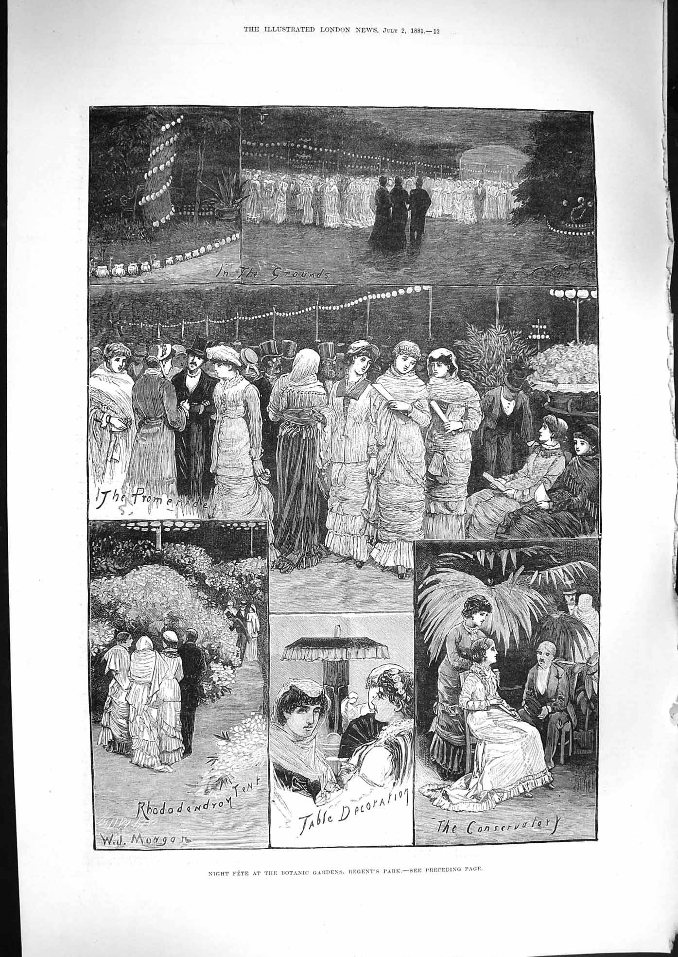 Old Antique Print 1881 Fete Botanic Gardens Regents Park Promenade Flower 19th