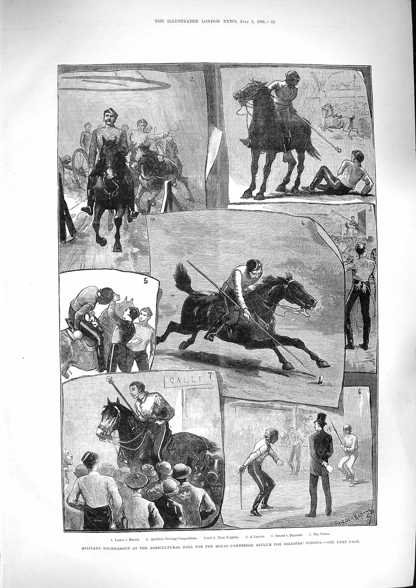 Old Antique Print 1881 Military Tournament Cambridge Asylum Army Widows 19th