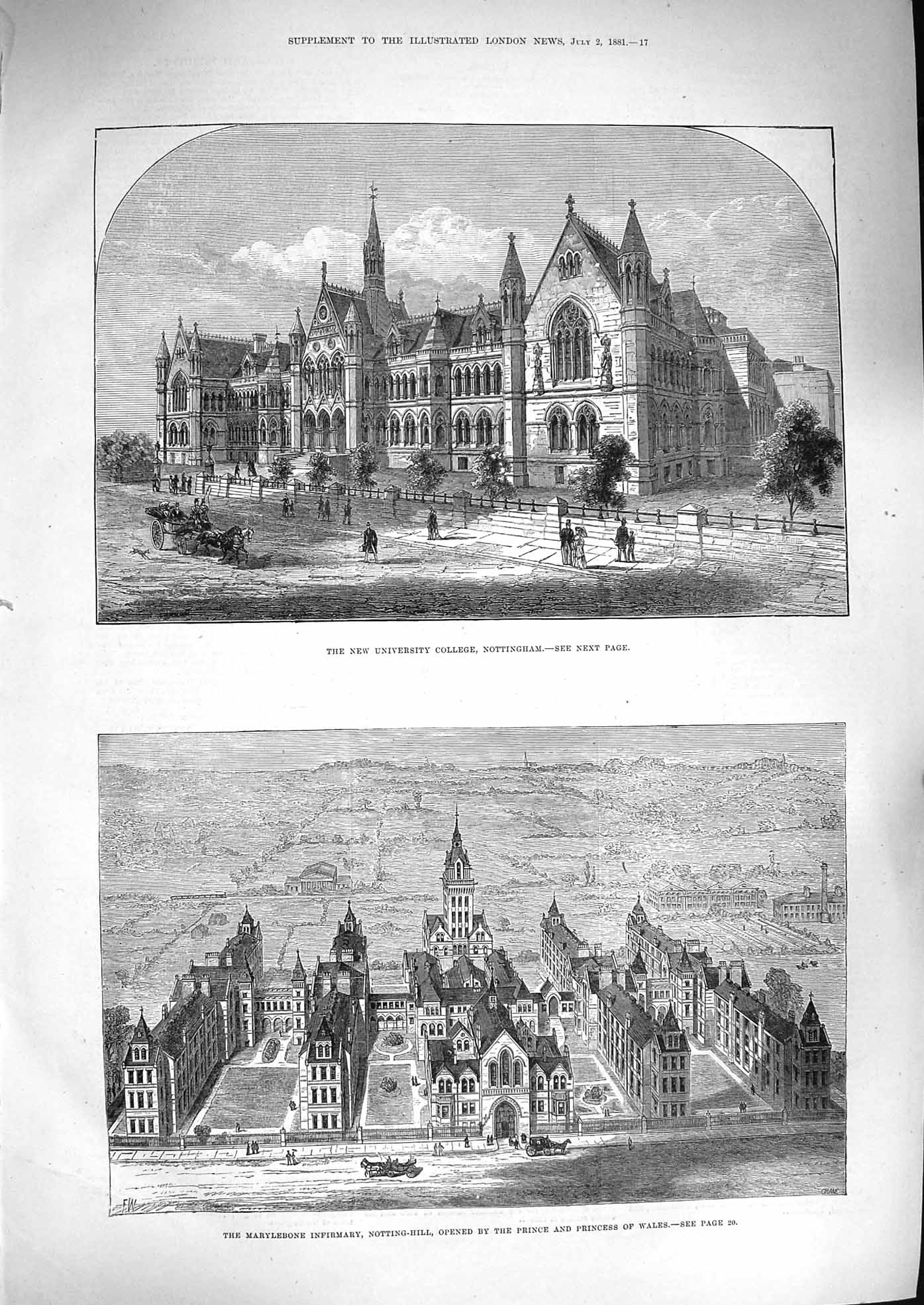 Old Antique Print 1881 University College Nottingham Marylebone Hospital 19th