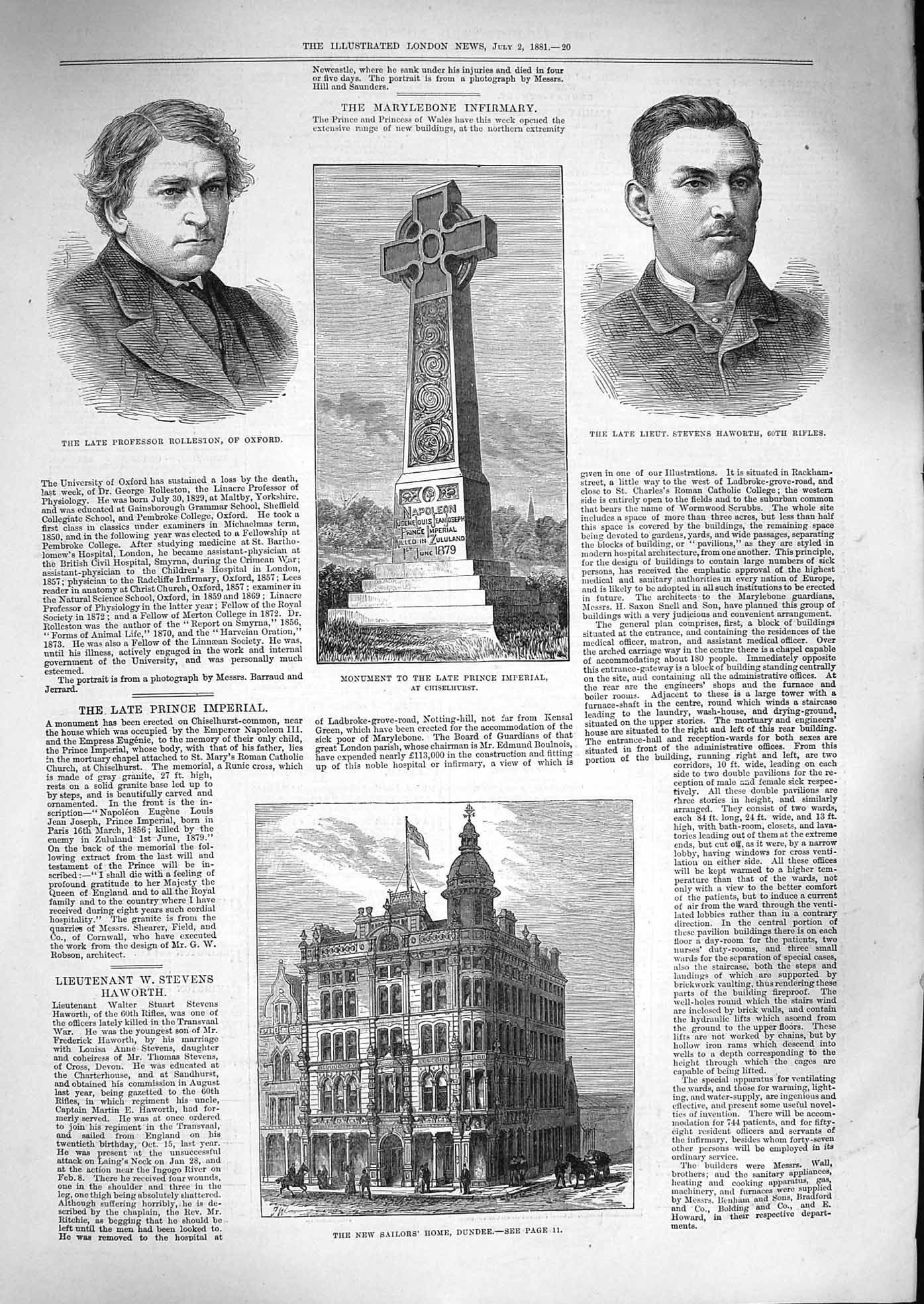 Original Old Antique Print 1881 Professor Rolleston Haworth Sailors Home 19th