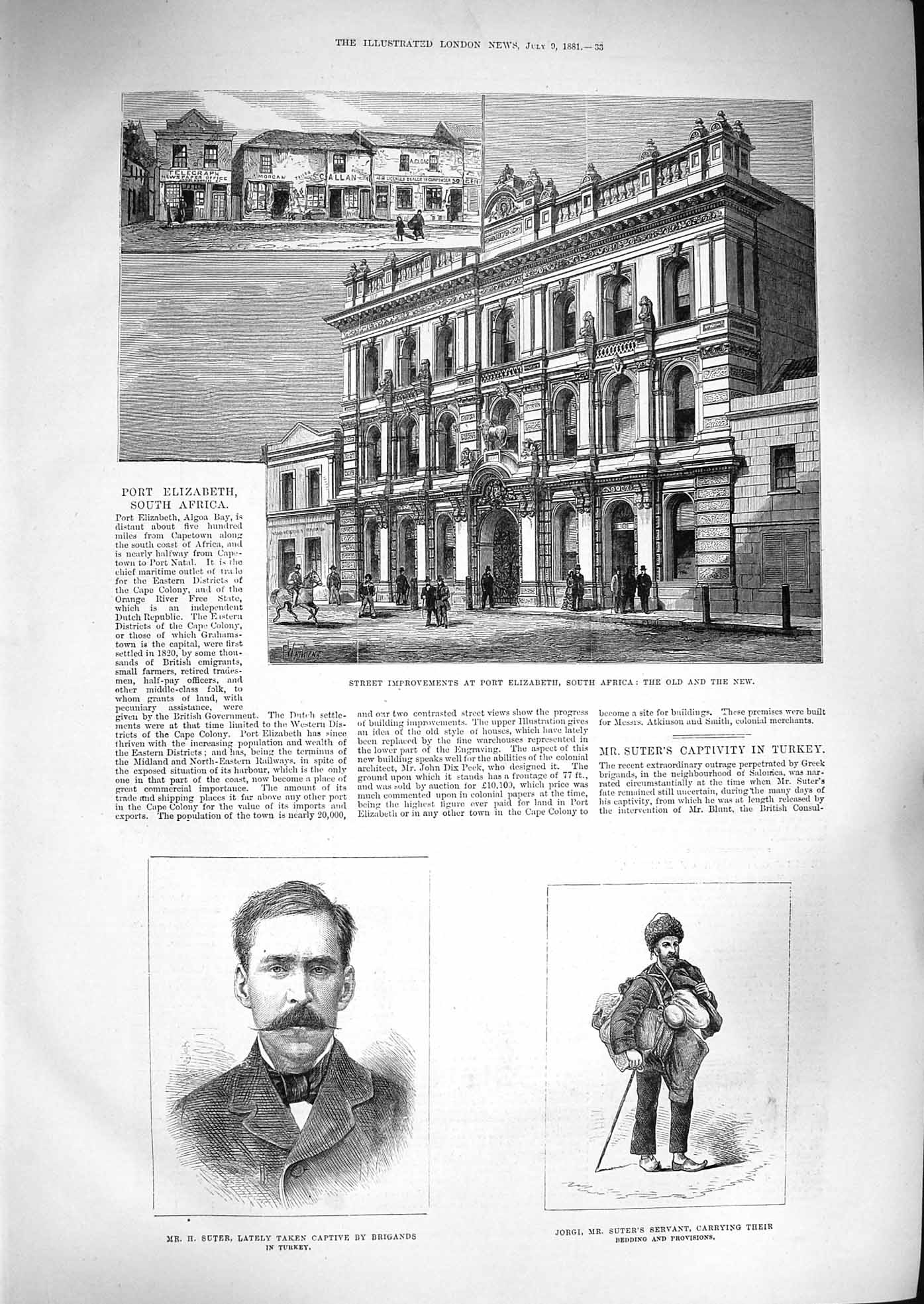 Original Old Antique Print 1881 Port Elizabeth South Africa Suter Jorgi Servant