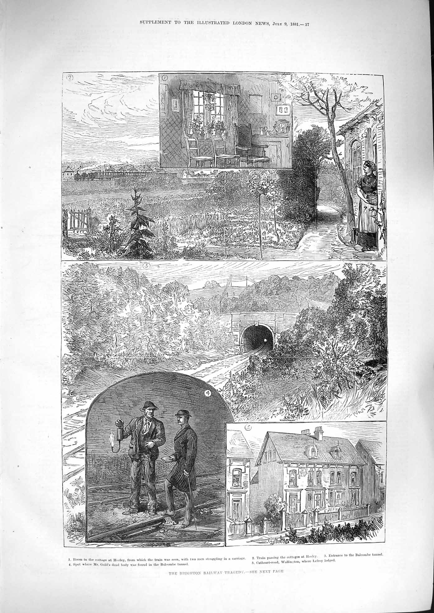 Original Old Antique Print 1881 Brighton Railway Train Crash GHorley Balcombe