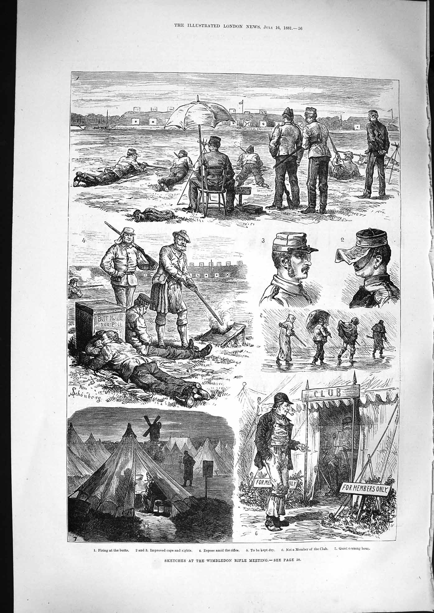 Original Old Antique Print 1881 Wimbledon Rifle Meeting Shooting Butts Spo 19th