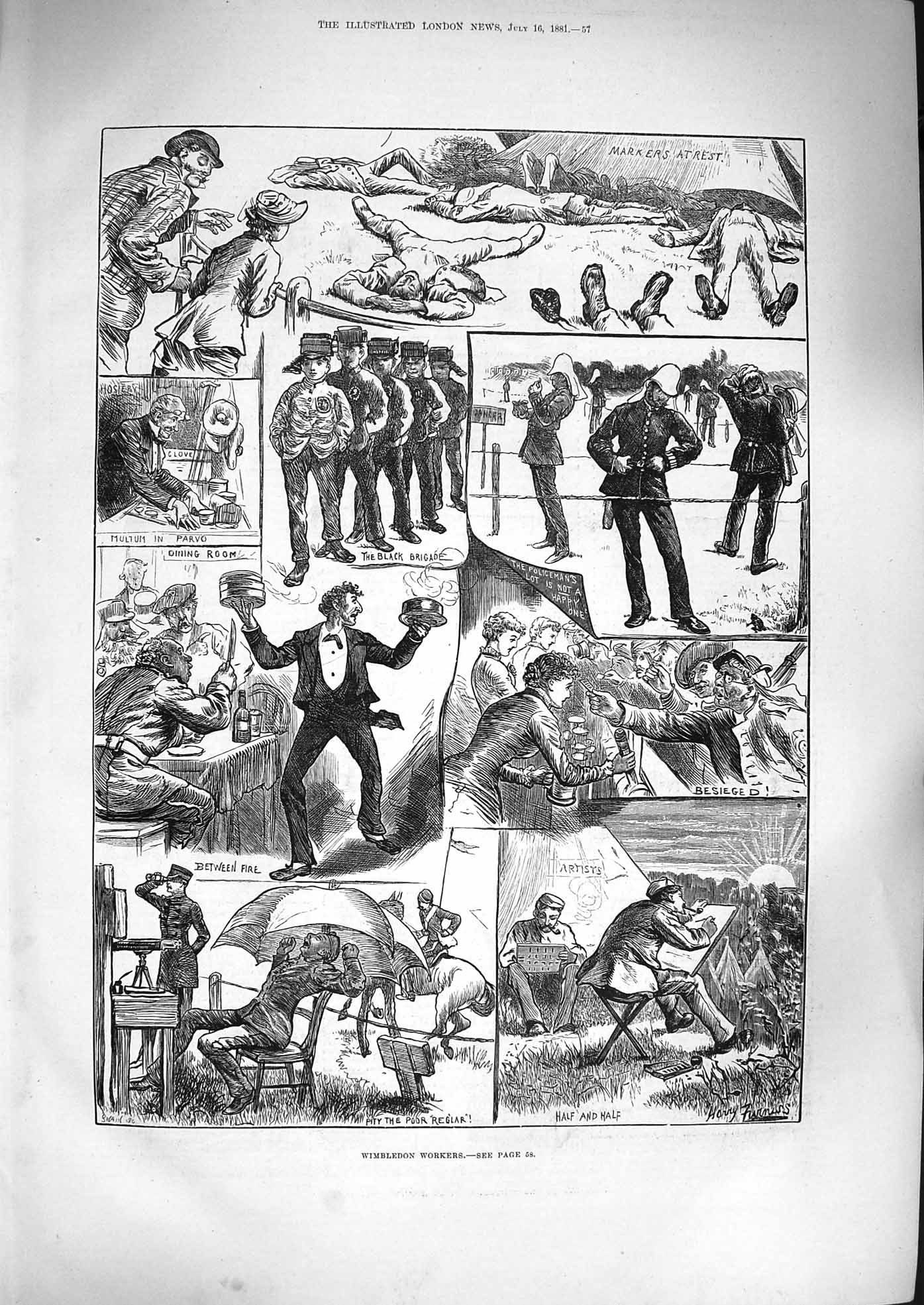 Original Old Antique Print 1881 Wimbledon Workers Black Brigade Policemen Camp