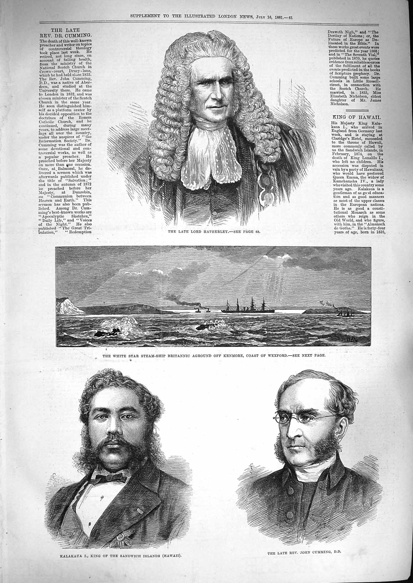 Original Old Antique Print 1881 Lord Hatherley Star Steam Ship Britannic K 19th