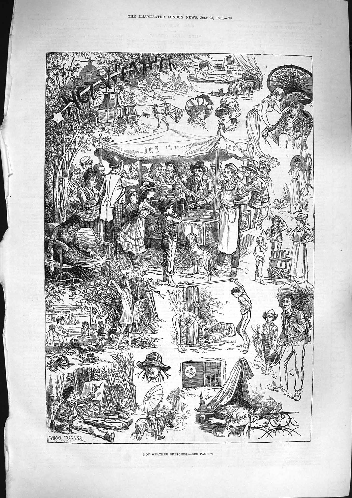 Original Old Antique Print 1881 Hot Weather Ice-Cream Artists Swimming Summer