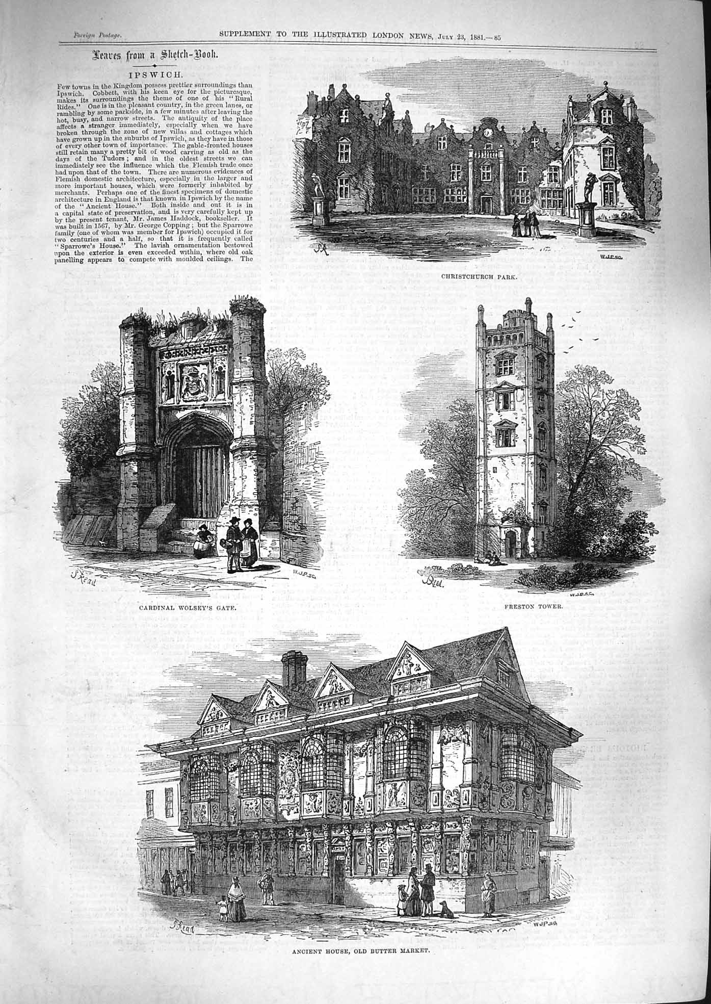 Original Old Antique Print 1881 Ipswich Christchurch Park Tower Wolsey Gate