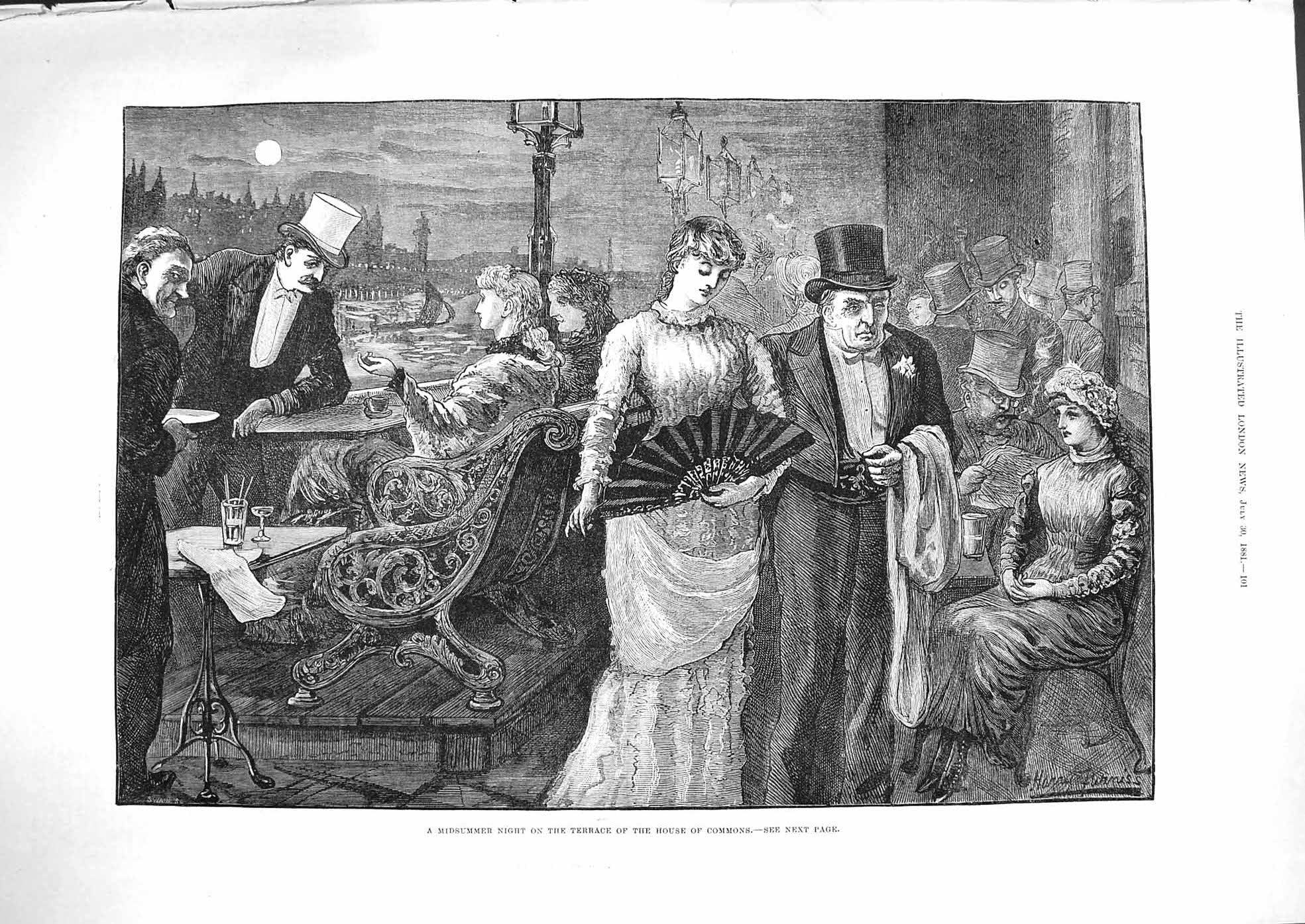 Original Old Antique Print 1881 Midsummer Night Terrace House Commons London