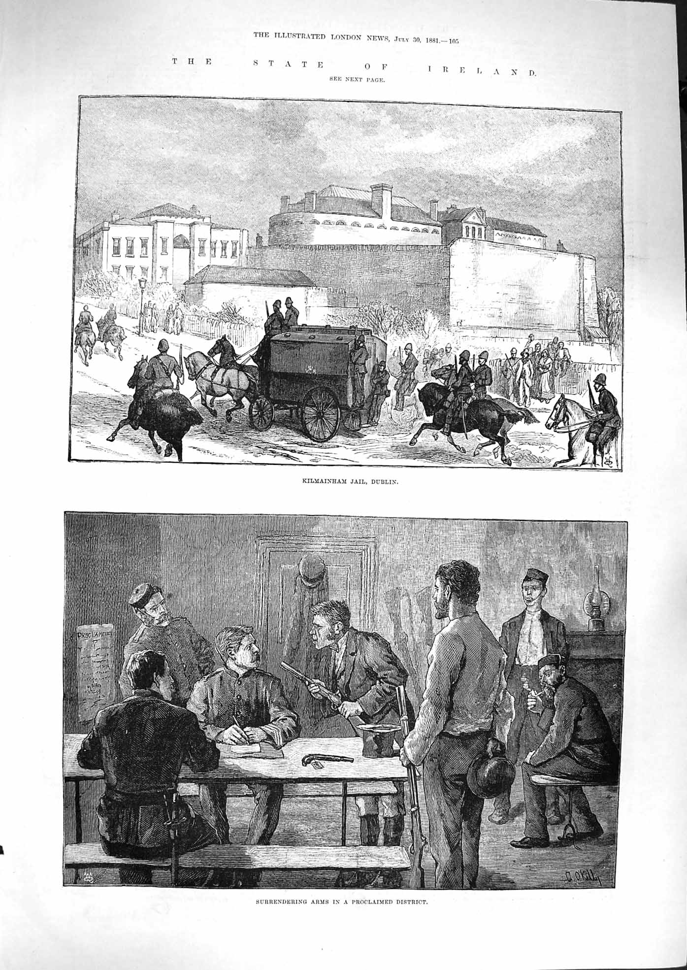 Antique Old Print *3305 1881 Ireland Kilmainham Jail Dublin Surrendering Arms