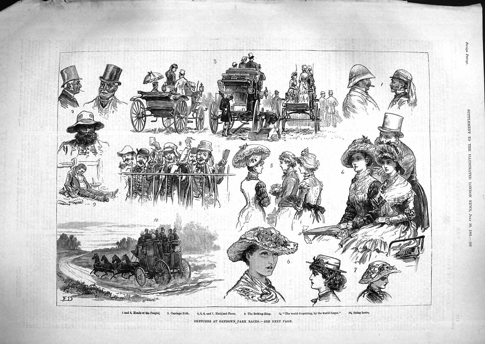 Original Old Antique Print 1881 Sandown Park Racesw Betting-Ring Carriage Folk