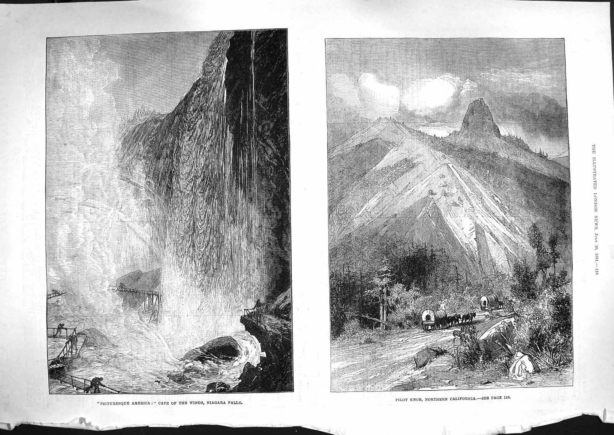 Old Antique Print 1881 America Cave Winds Niagara Falls Pilot Knob Hills 19th