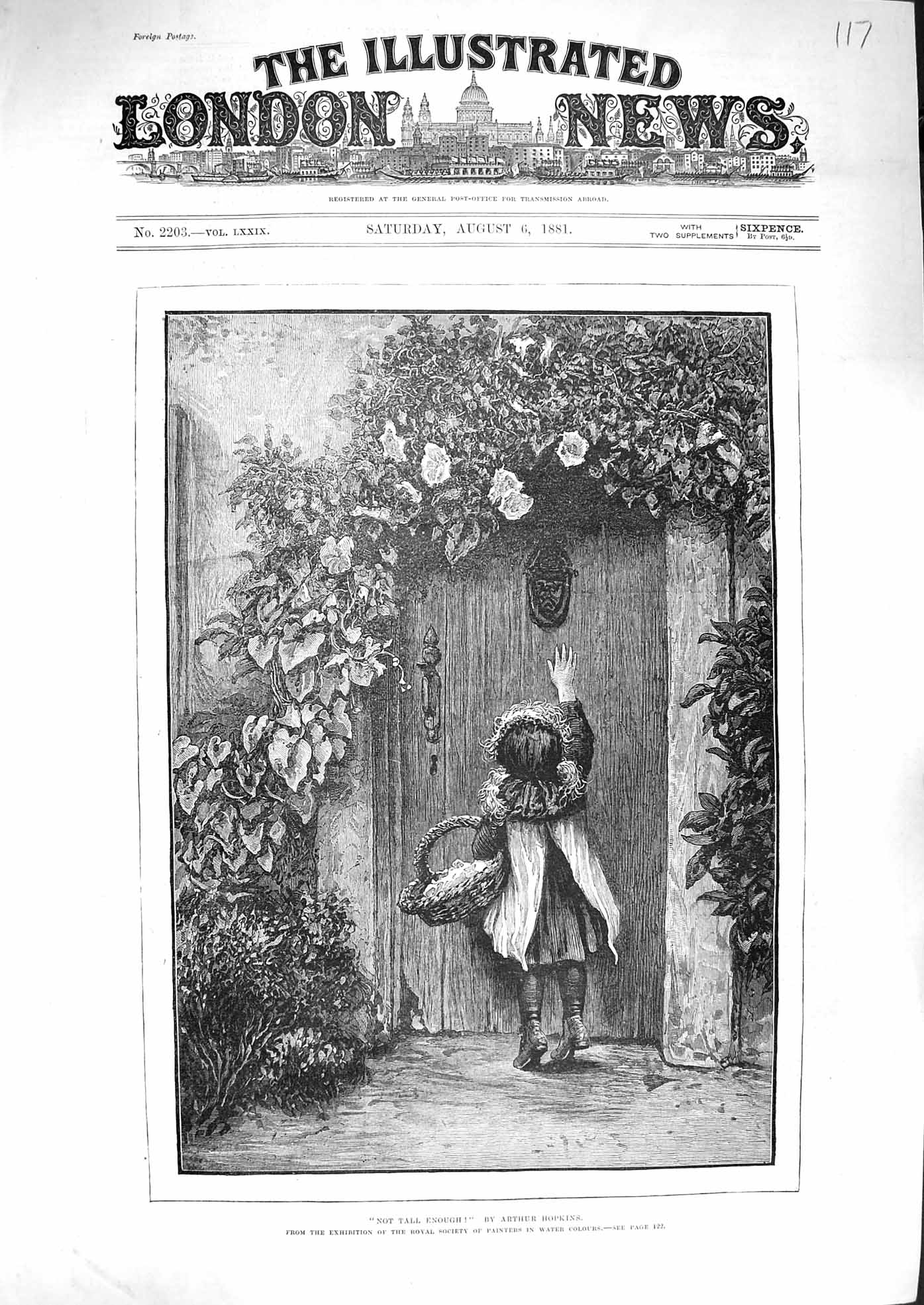 Original Old Antique Print 1881 Not Tall Enough Little Girl Door Knocker 19th