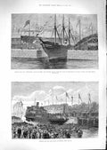 Original Old Antique Print 1881 Edinburgh Dock Leith Ship Berlin Duke Ipswich