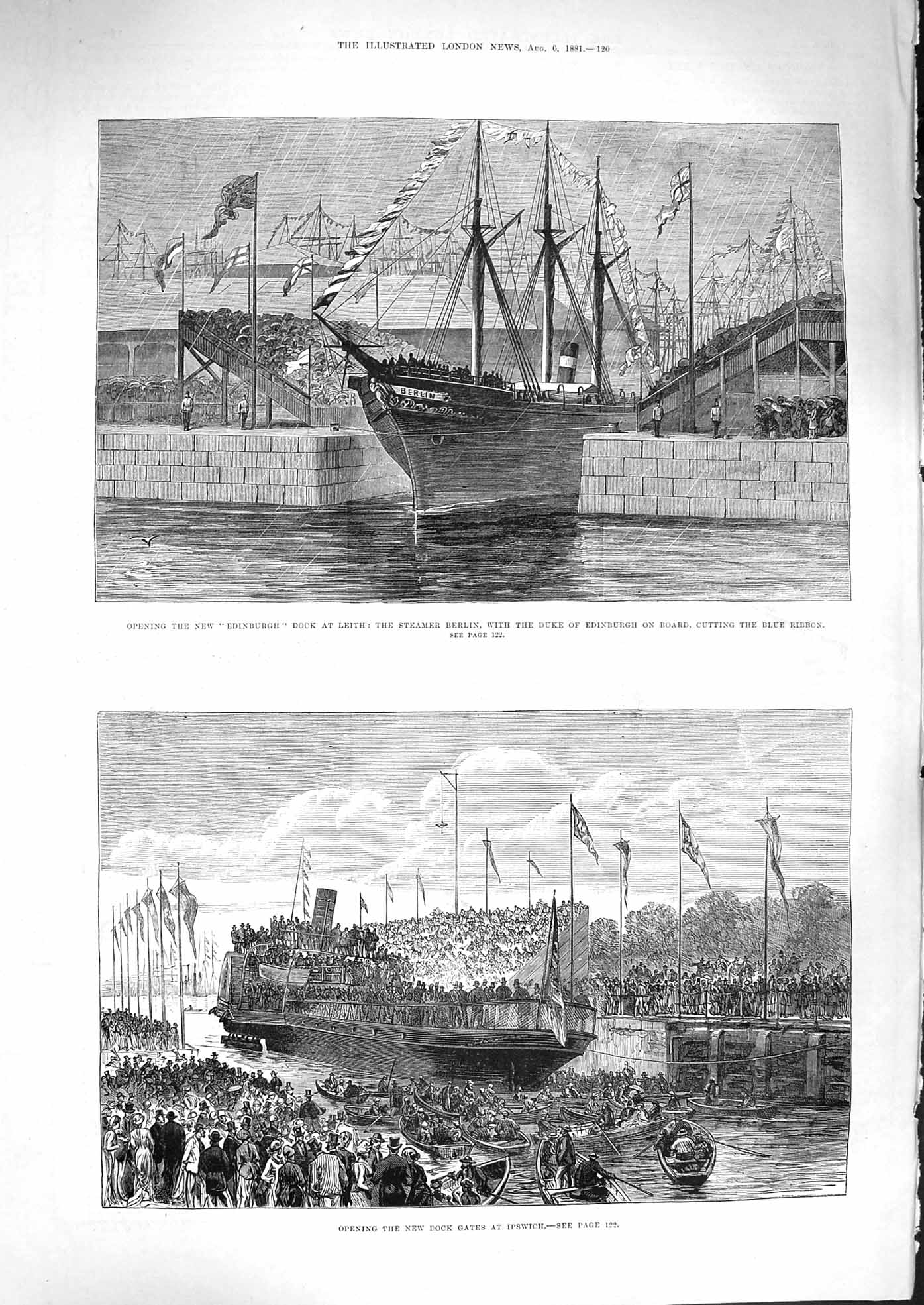 Original Old Antique Print 1881 Edinburgh Dock Leith Ship Berlin Duke Ipswich