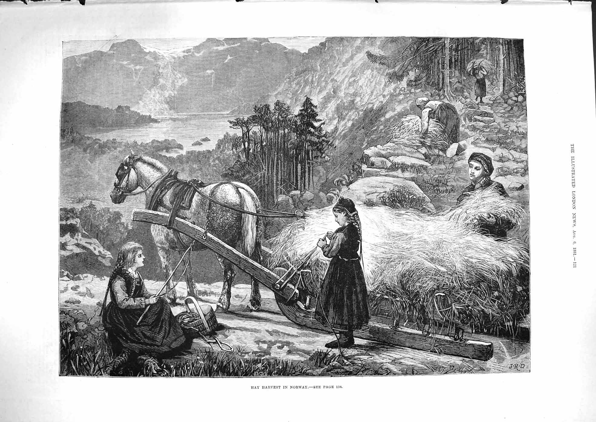 Old Antique Print 1881 Hay Harvest Norway Horse Cart Children Agriculture 19th