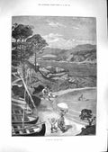 Old Antique Print 1881 By The Sea Swimming Boats Lady Washing Mountains 19th