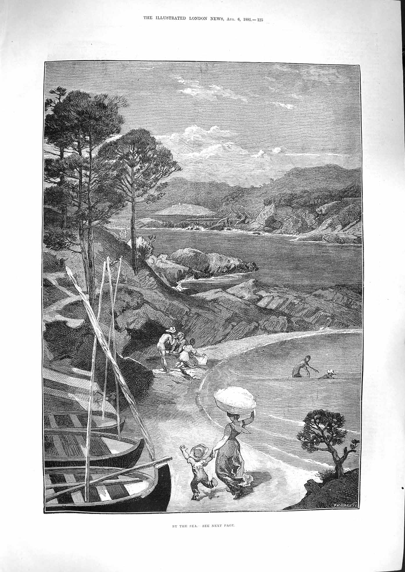 Old Antique Print 1881 By The Sea Swimming Boats Lady Washing Mountains 19th
