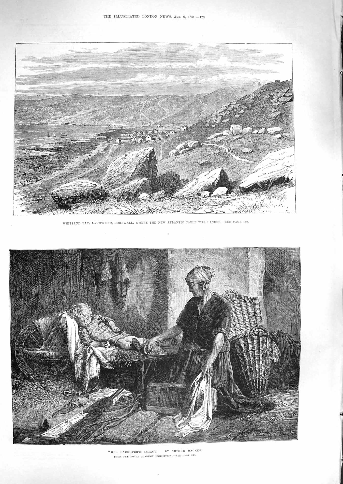 Old Antique Print 1881 Whitsand Bay Land'S End Cornwall Lady Sleeping Boy 19th