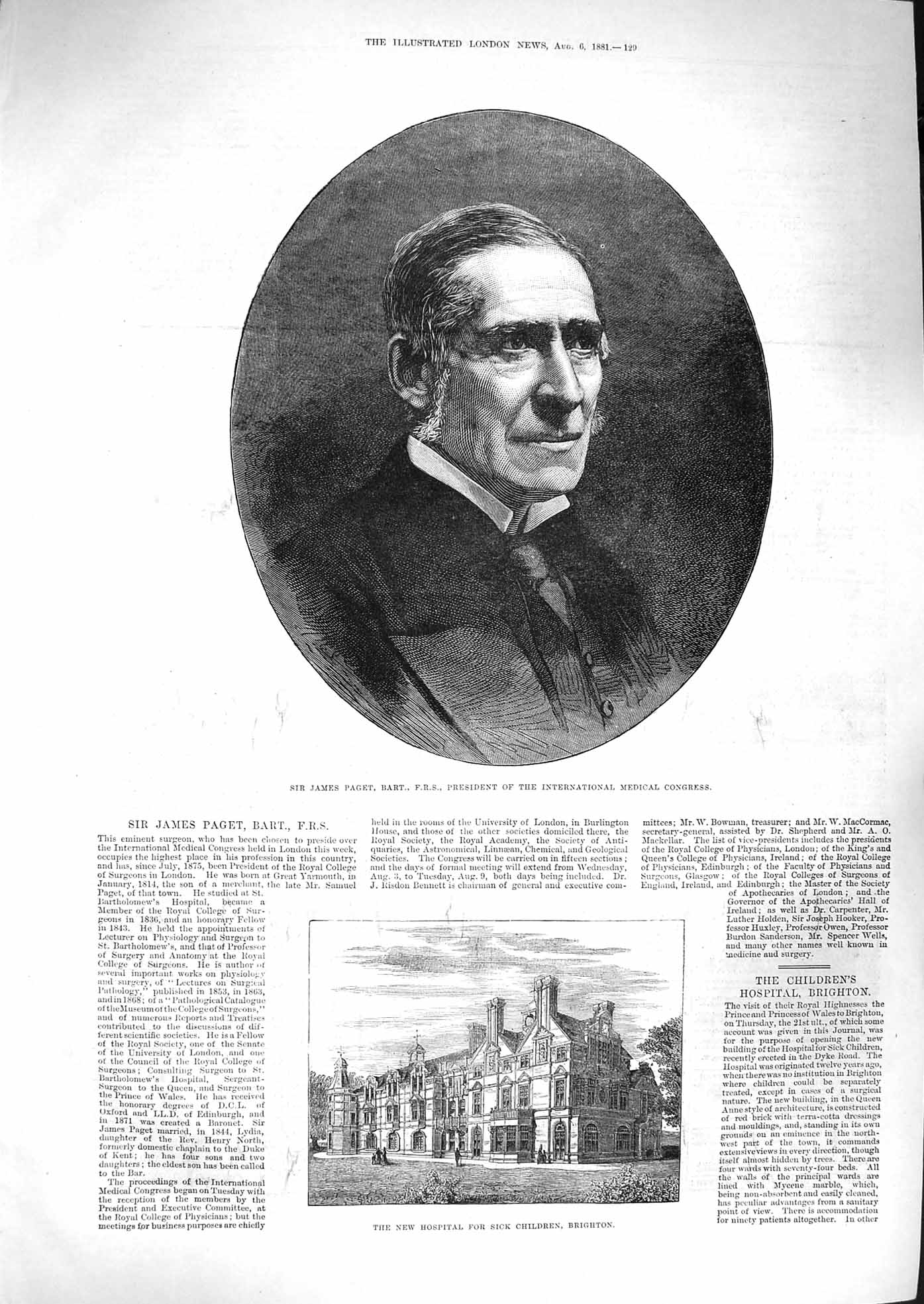 Original Old Antique Print 1881 James Paget Medical Hospital Children Brighton