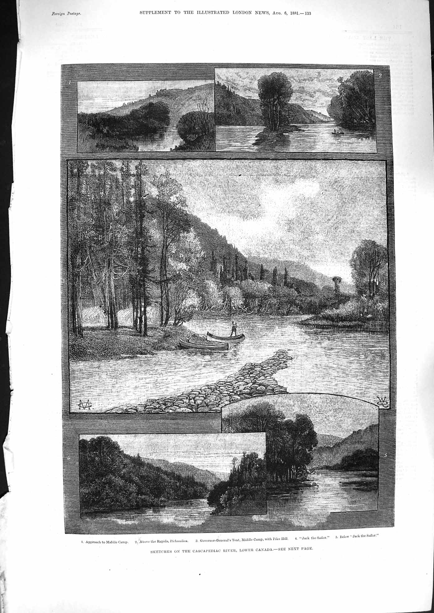 Original Old Antique Print 1881 Cascapediac River Canada Piko Hill Jack Sailor