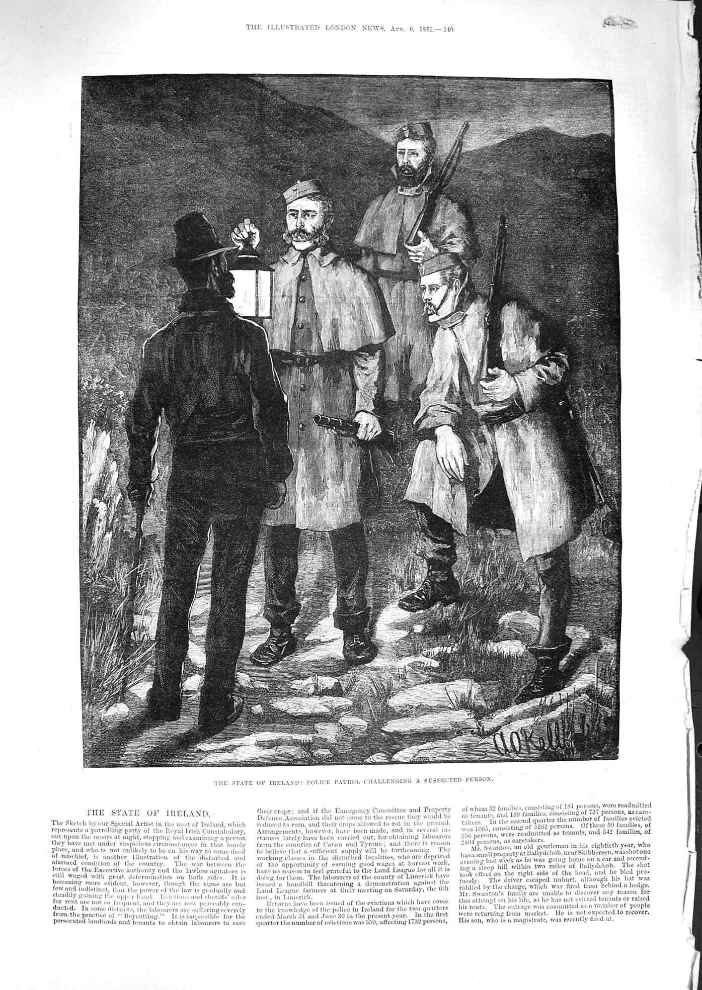 Old Antique Print 1881 Ireland Police Patrol Challenging Suspected Person 19th
