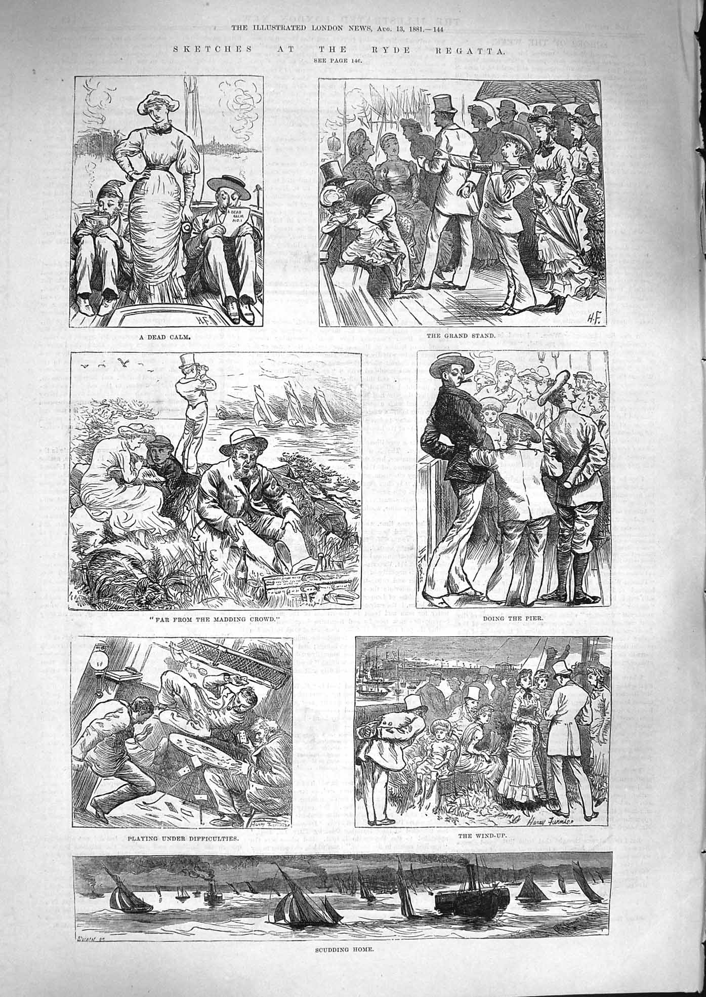 Original Old Antique Print 1881 Ryde Regatta Scudding Boats Sport Sailing 19th