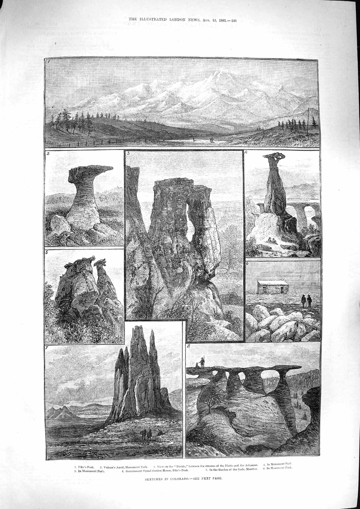 Old Antique Print 1881 Colorado Vulcan'S Anvil Pike'S Peak Monument Park 19th