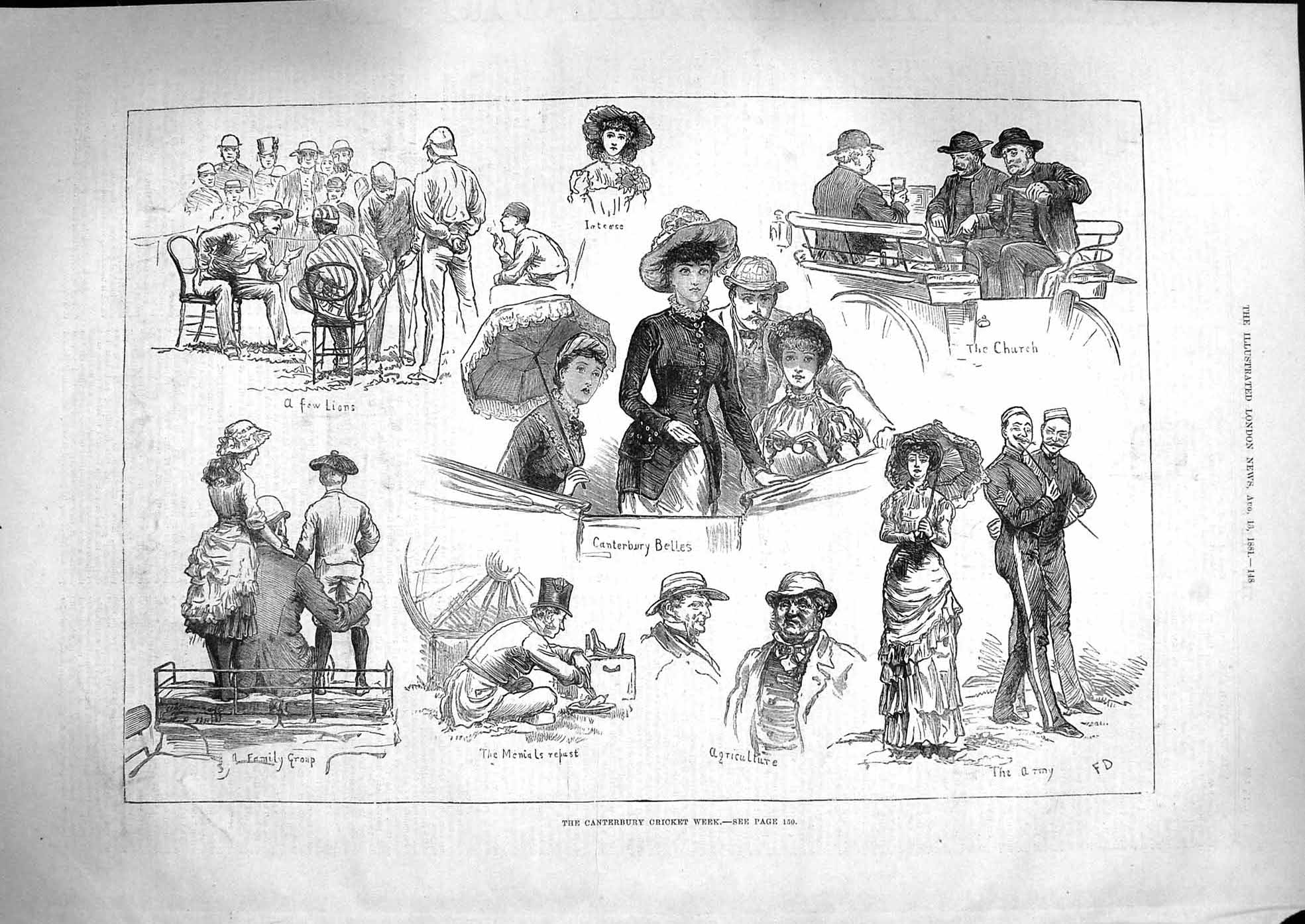 Original Old Antique Print 1881 Canterbury Cricket Week Ladies Carriage Army