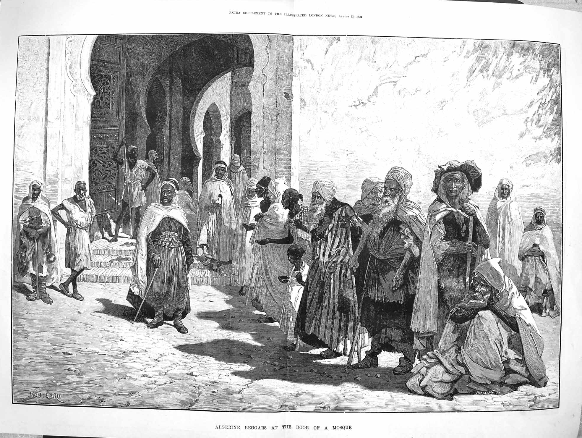 Old Antique Print *3306 1881 Scene Algerine Beggars Door Mosque Fine Art