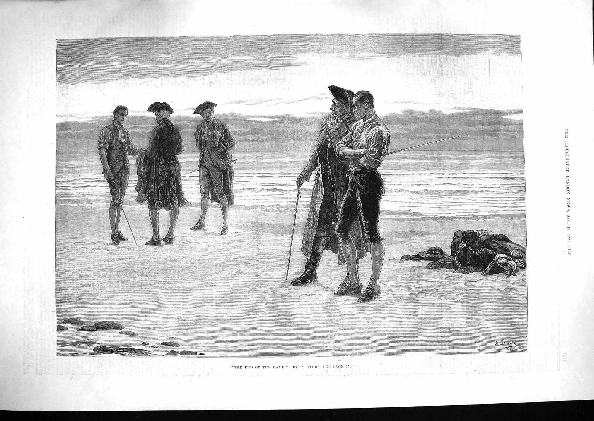 Original Old Antique Print 1881 End The Game Men Swords Beach Sea Fine Art 19th