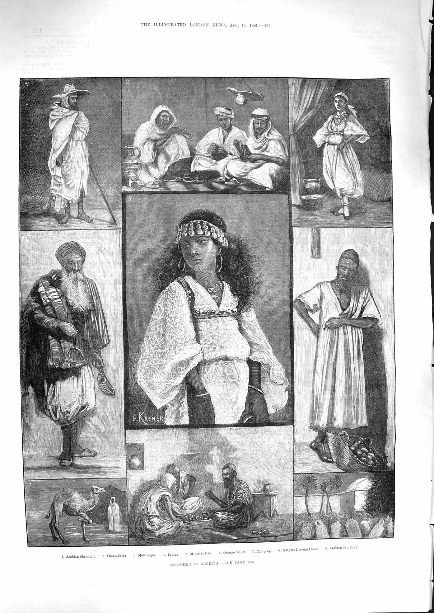 Old Antique Print 1881 Algeria Africa Arabian Shepherd Kabyles Minstrel 19th