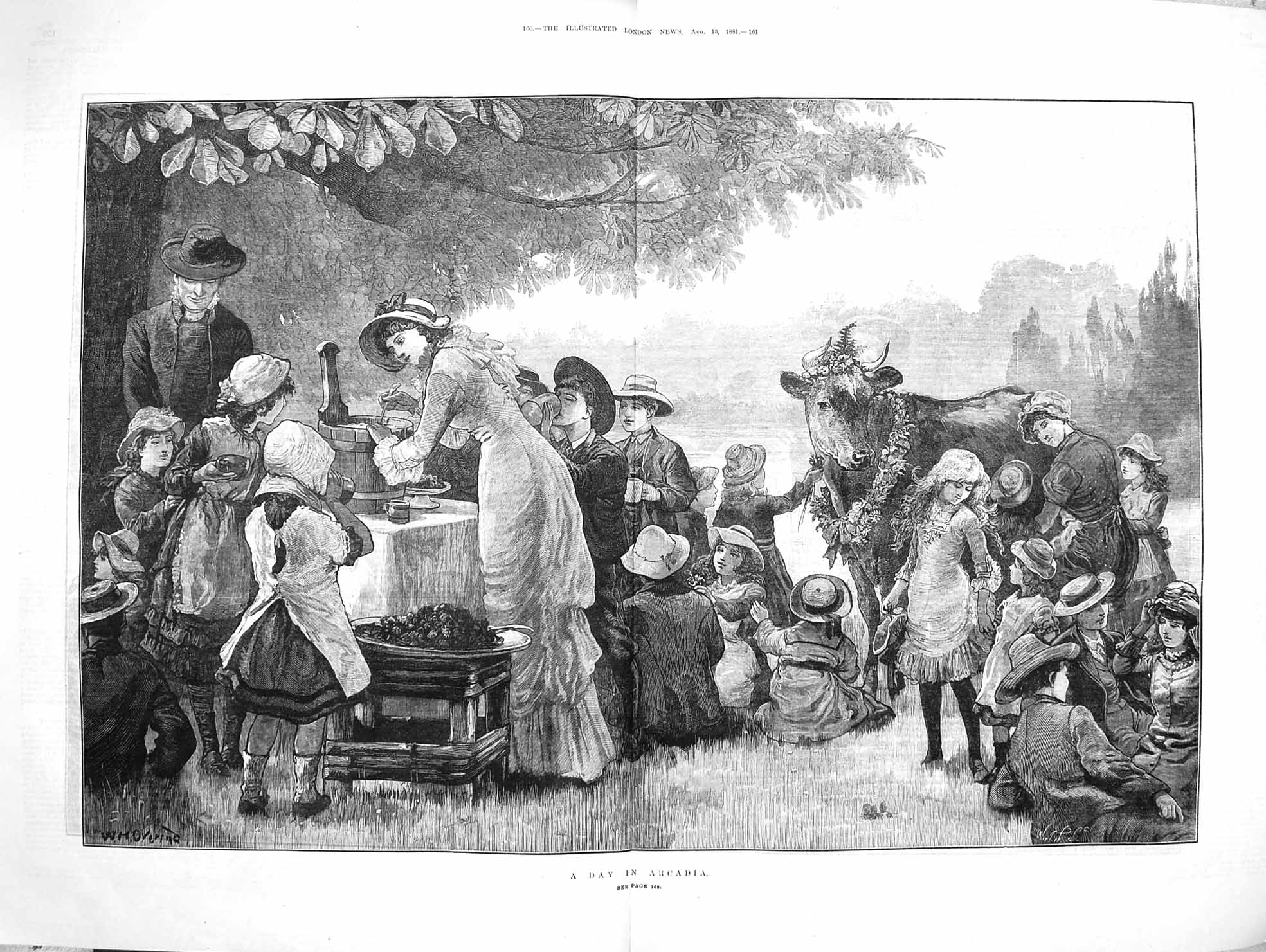 Original Old Antique Print 1881 Day Arcadia Children Picnic Garden Cow F 19th