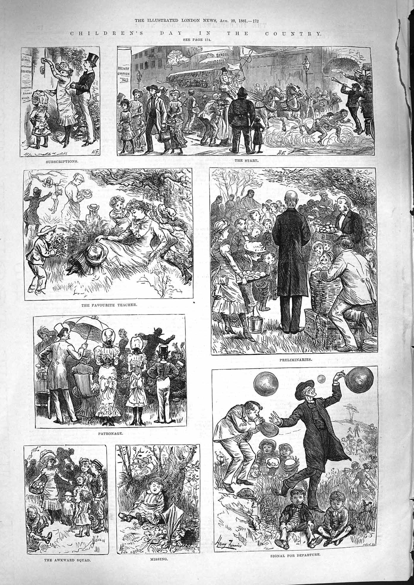 Original Old Antique Print 1881 Children Day Out Playing Country Balloons 19th