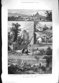 Old Antique Print 1881 Launceston Cornwall Castle Stephen'S Church Hill 19th