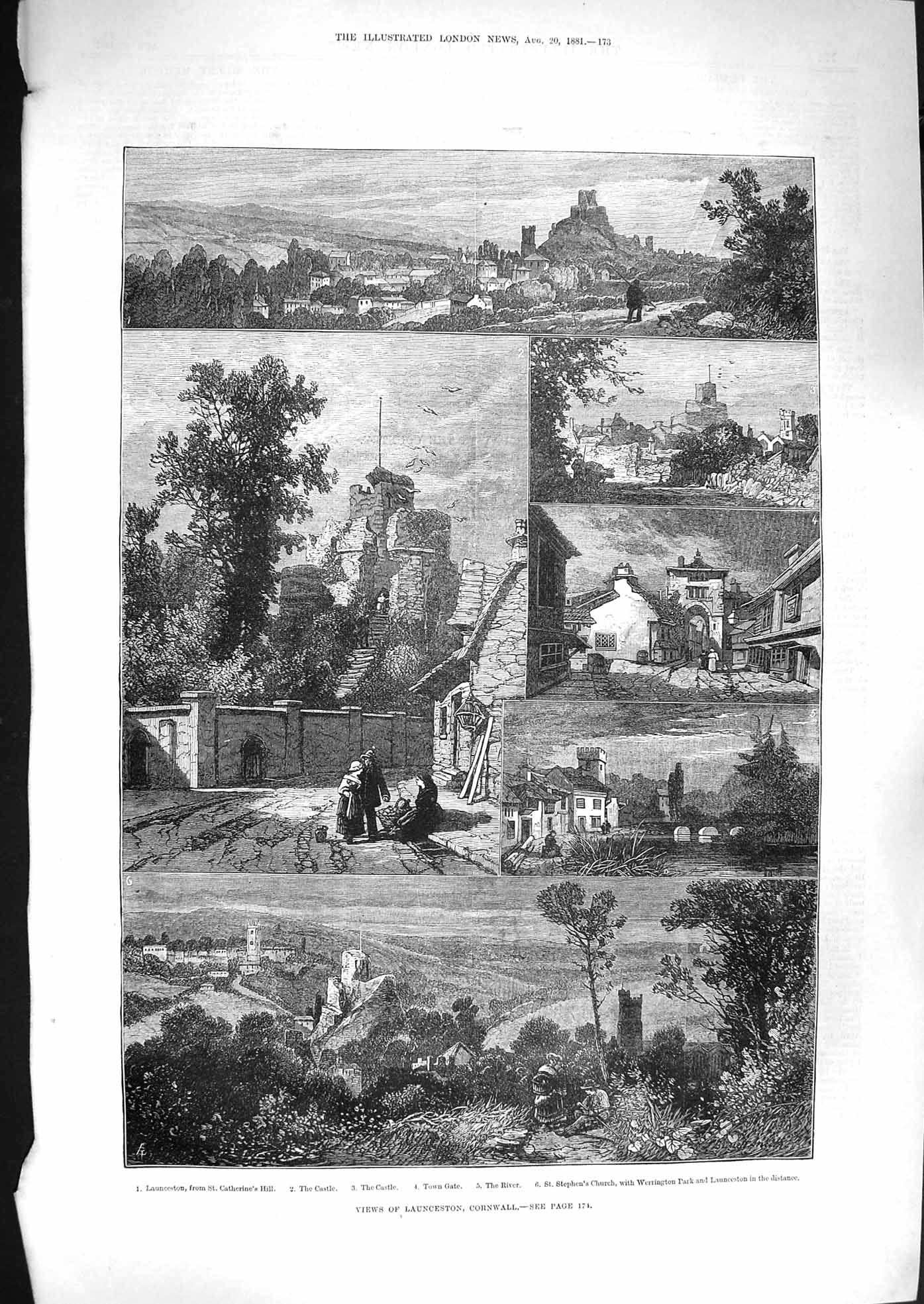 Old Antique Print 1881 Launceston Cornwall Castle Stephen'S Church Hill 19th