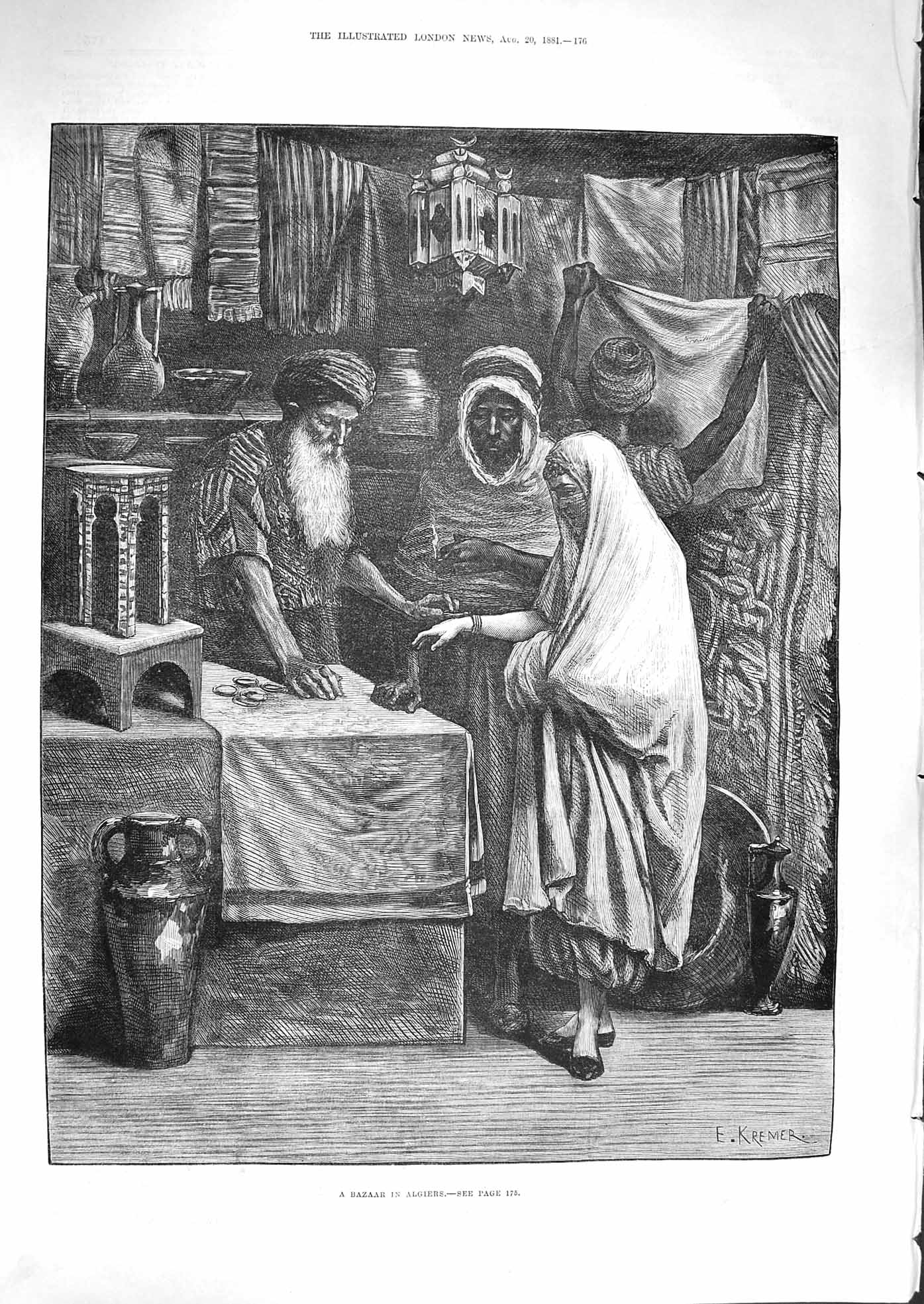Old Antique Print 1881 Bazaar Algiers Market Seller Stall Fine Art Africa 19th