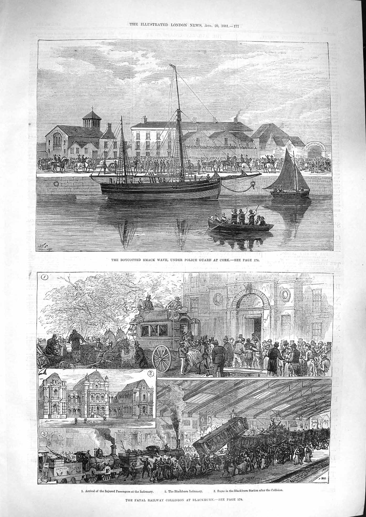 Original Old Antique Print 1881 Train Crash Blackburn Boycotted Smack Wave Cork