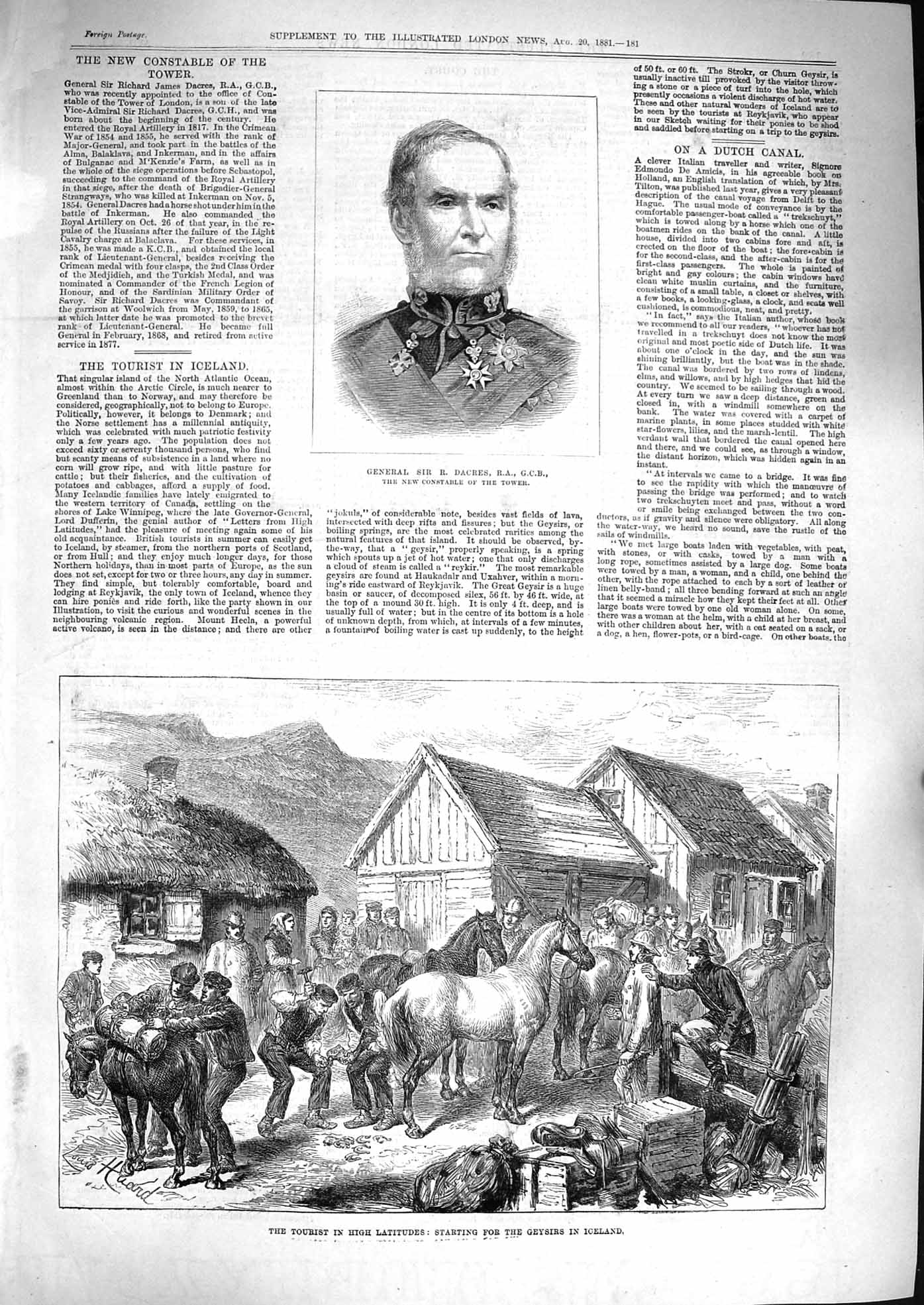 Original Old Antique Print 1881 General Dacres Tower Geysirs Iceland Tourists