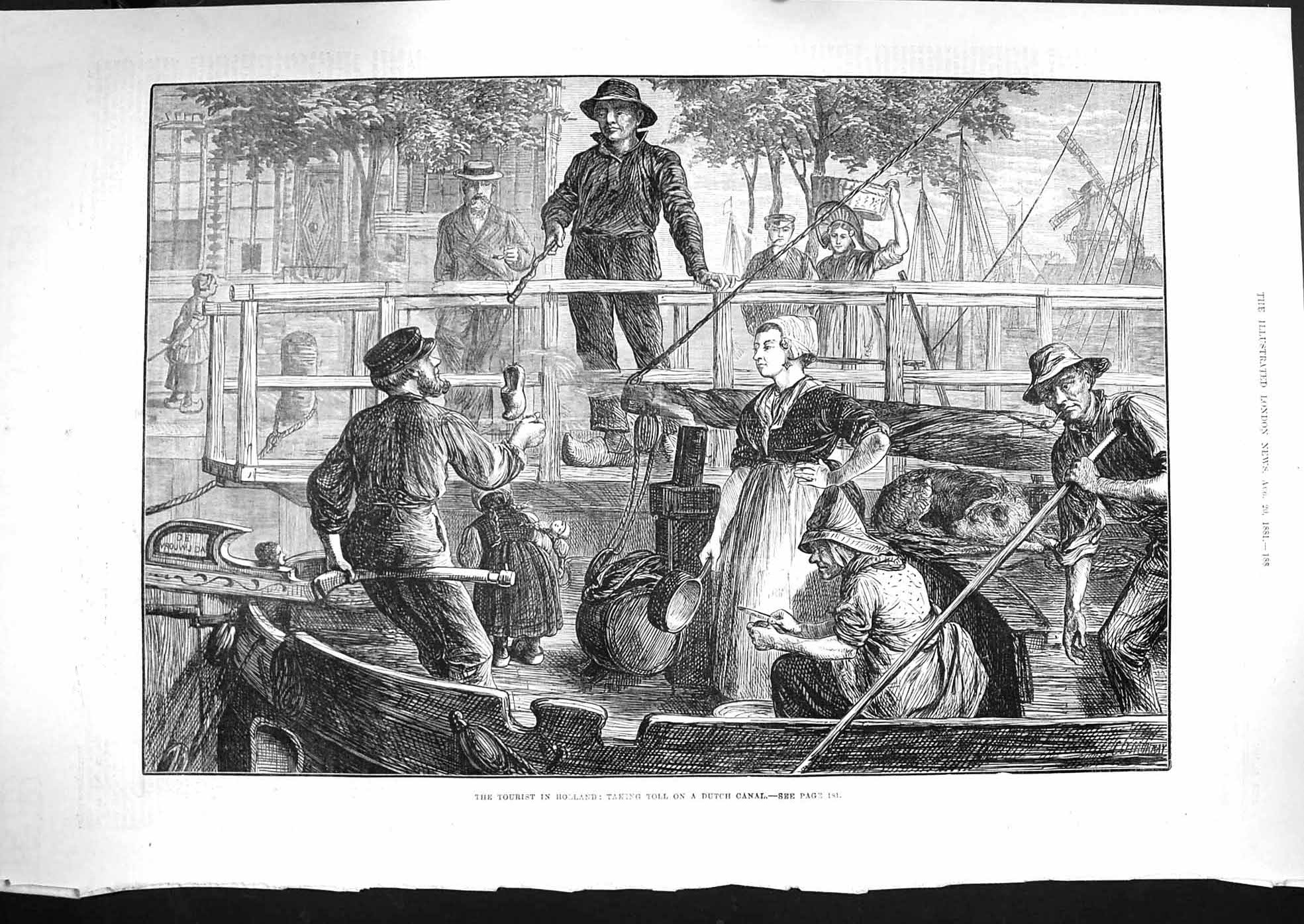 Original Old Antique Print 1881 Tourist Holland Taking Toll Dutch Canal Boat