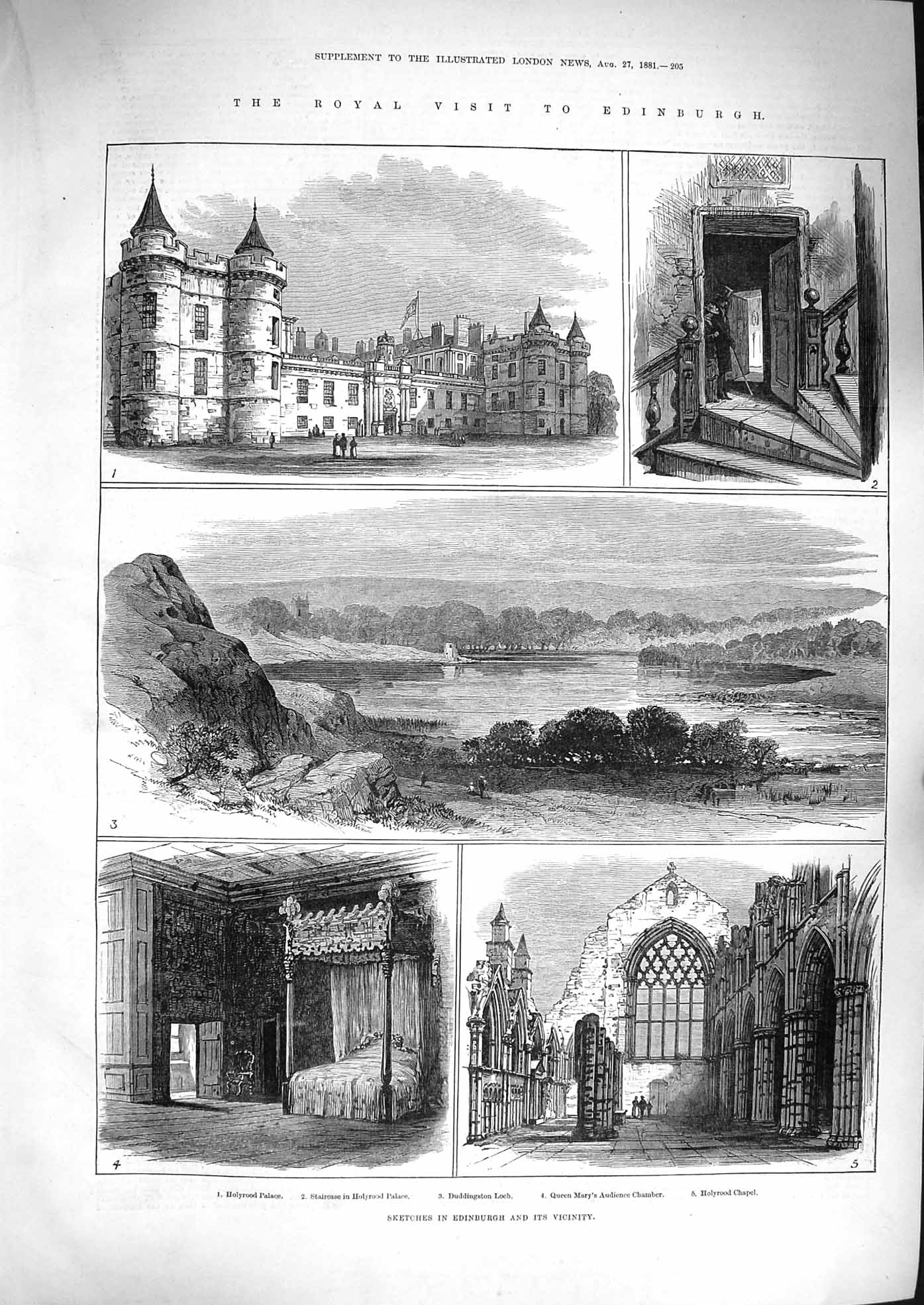 Original Old Antique Print 1881 Edinburgh Holyrood Palace Duddingston Loch Mary